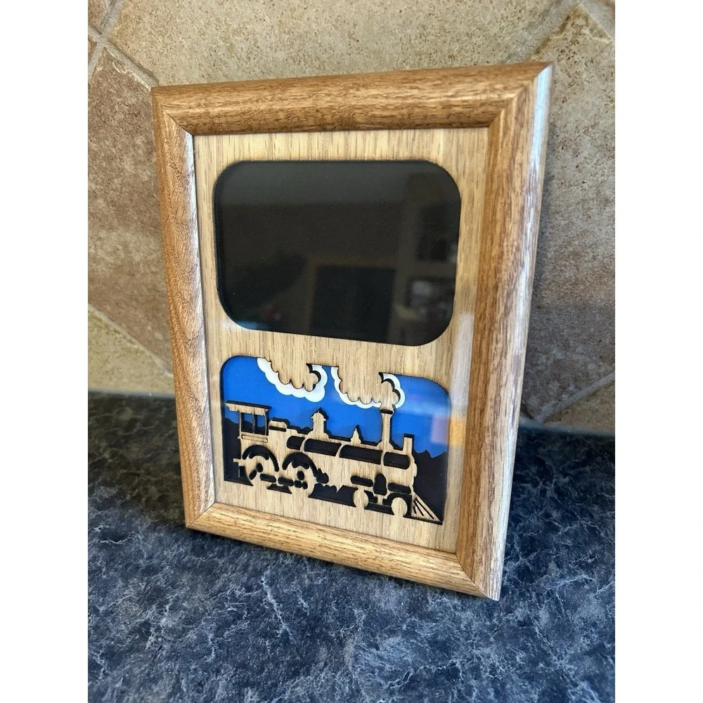 Custom Train Locomotive Wooden Picture Frame 3D Laser Cut Layered Wood W/ Glass